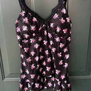Y2K LEI Black Floral Babydoll Cami M Lace Trim Padded Bra Top 2000s Going Out